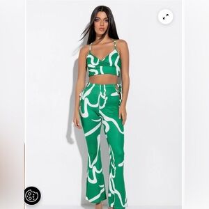 AKIRA Green & White Abstract Cross-Front Bralette & Pant Set